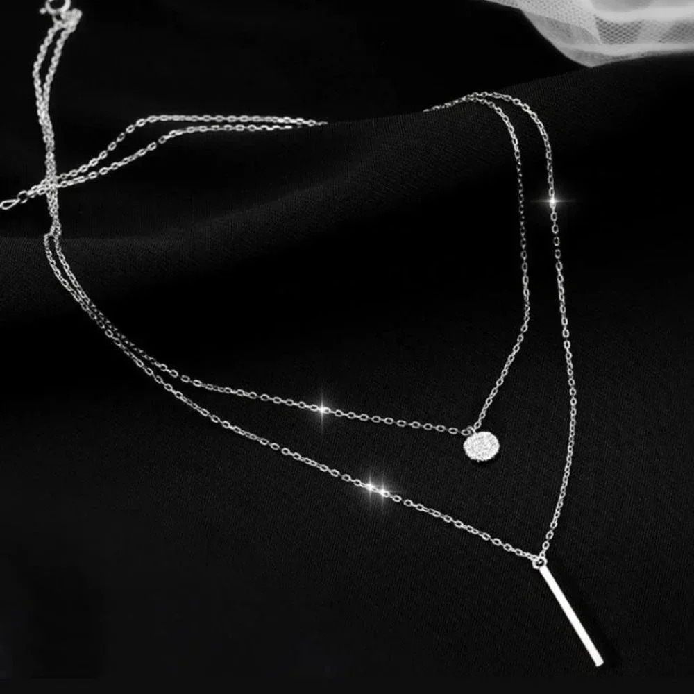 925 Sterling Silver Coin & Bar Layered Dainty Minimalist Chain Necklace - Picture 4 of 8